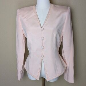 Rimini 100% Silk Blazer Blush Pink Beaded Trim Size 4 Romantic Vintage 90's Luxe